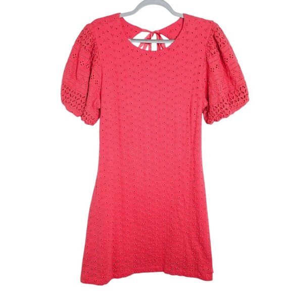 FREE PEOPLE Apricot Rose Puff Sleeve Eyelet Mini Dress STRAWBERRY SPRITZ size L - Picture 1 of 10
